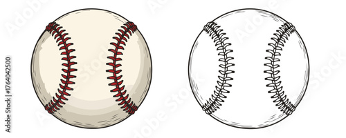 Detailed hand-drawn style illustration of two white baseballs one colored with red seams and one black and white outline drawing of the ball