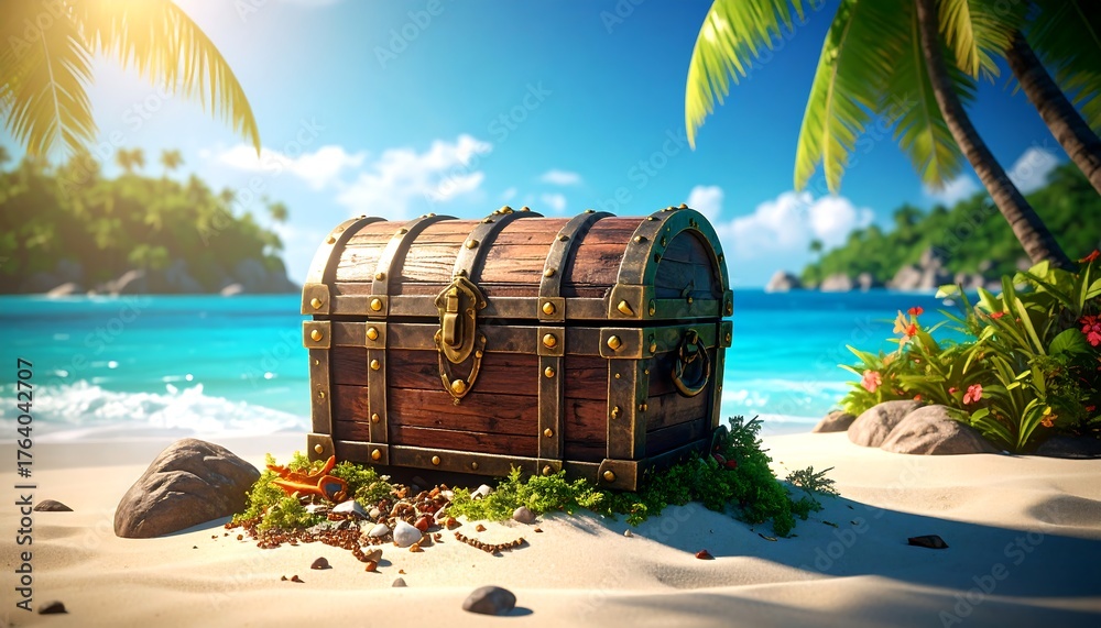 Fototapeta premium Treasure Chest on Sunny Tropical Beach Exploration with Adventure Discovery.