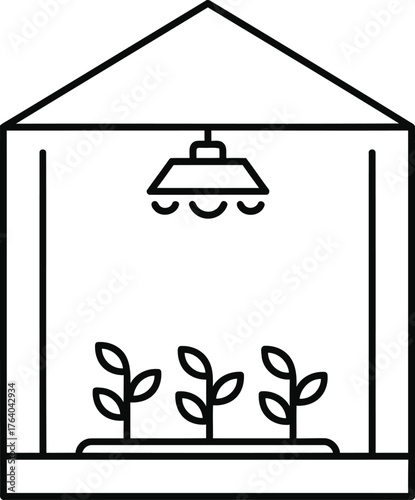 Illustration of a greenhouse with plants growing under artificial light