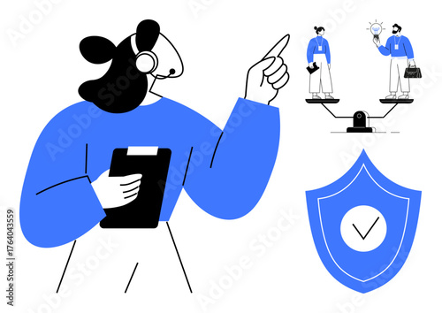 Customer service agent with clipboard, highlighting balanced scales with work and ideas, shield representing security. Ideal for customer support, work-life balance, protection, decision-making
