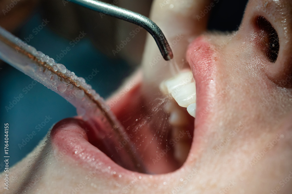 Fototapeta premium Close-up of dental cleaning process using scaler and suction tube with water spray in patient’s mouth. Concept of oral hygiene, professional dental care, and prevention.