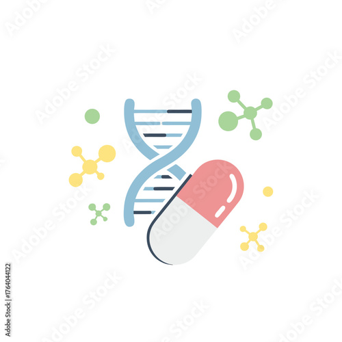 Dynamic DNA helix with capsule and molecules illustrates scientific discovery