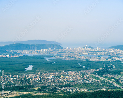 Panoramic view of Cubatão and Santos, São Paulo, Brazil, seen from the historic Estrada Velha de Santos, with coastal landscape and Atlantic Forest