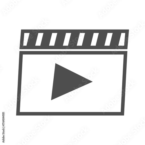 Monochrome Video Player Interface Vector Icon: Minimalist Gray Clapperboard and Play Button Symbol for Media Content, Movie, Film, or Tutorial App UI/UX