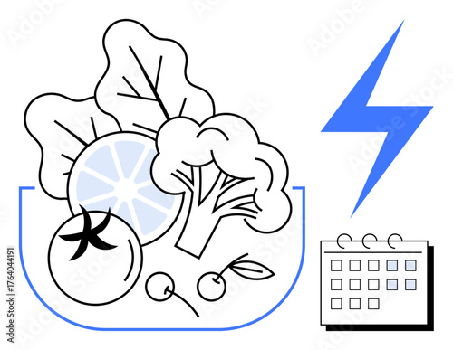 Bowl of leafy greens, tomato, citrus slice, cherries, broccoli next to energy bolt and calendar. Ideal for nutrition, meal planning, energy health wellness dieting lifestyle. Simple flat metaphor