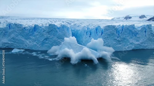 Massive glacier wall calves into the ocean, creating a splash as it transforms over time in a captivating timelapse nature, geology, arctic