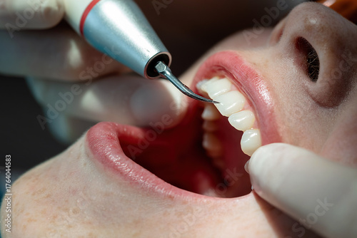 Photography Close-up of ultrasonic dental cleaning with scaler tip spraying water to remove plaque and tartar from teeth