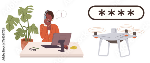 Smiling support agent at a desk helping a quadcopter user with password setup. Ideal for technology, customer service, cybersecurity, remote assistance, Quadcopter usage, innovation, simple flat