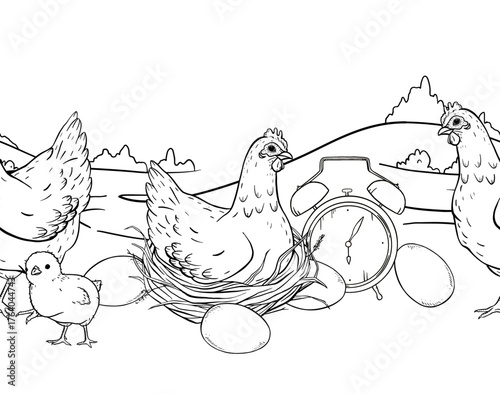 Hand drawn ink line art seamless farm landscape border with chickens walking in the countryside field, eggs, rustic morning village scenery for packaging, textile prints, children books and wrapping.