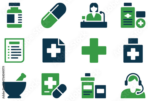 Set of medical and pharmaceutical icons simple flat vector design elements for healthcare industry isolated on white background