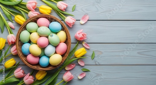 Easter eggs and tulips arrangement festive spring holiday celebration illustration