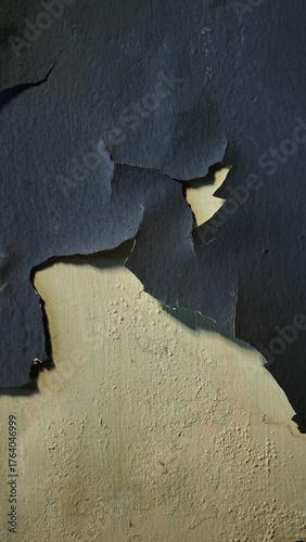 Wall with peeling and damaged black paint surface