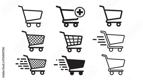 Collection of black shopping carts in various styles on transparent background silhouette