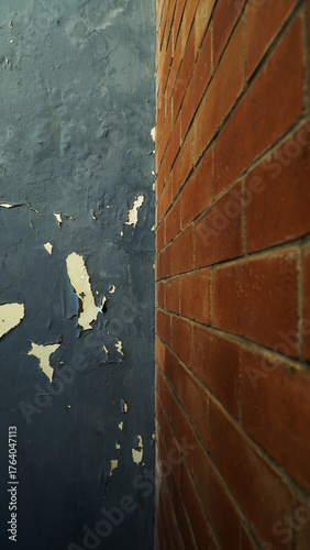 Walls with peeling and damaged black paint surfaces. Half a red brick wall