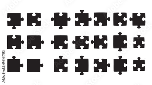 Black puzzle pieces scattered arrangement perfect for design projects on transparent background silhouette