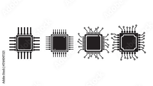 Four black microchip icons in a row on transparent background silhouette
