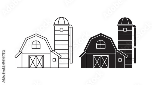 Simple farm buildings illustration with barn and silo on transparent background silhouette