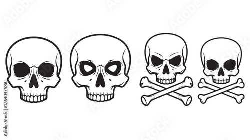 Four black skull illustrations in varying styles on transparent background silhouette