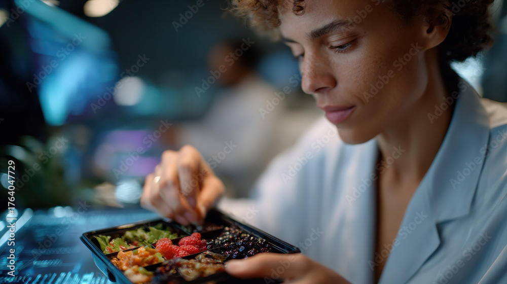 Fototapeta premium A determined woman carefully selects ingredients from a colorful meal in a high-tech kitchen, symbolizing health-consciousness and culinary creativity.