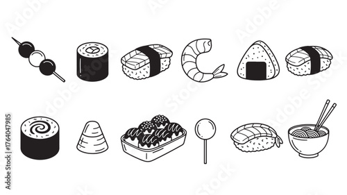 Variety of japanese sushi pieces and rolls simple silhouette on transparent background