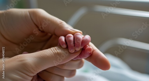 World Prematurity Day Close up of a newborn baby's hand grasping an adult's finger showing love and tenderness in a hospital