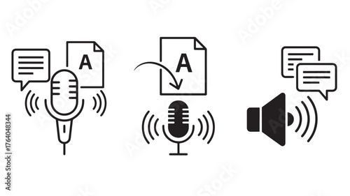 Podcast recording and distribution icons set communication media on transparent background silhouette
