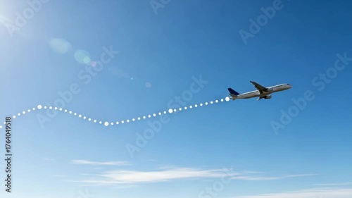 Airplane Flying Across a Bright Blue Sky with a Trail of Light.
