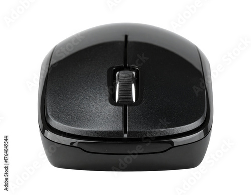  A modern wireless computer mouse in front view, sleek matte surface, minimalistic design with scroll wheel, soft realistic shadow, isolated on transparent background