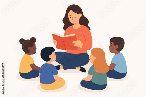 Flat vector of a teacher character reading a storybook to children in circle