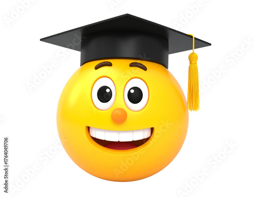 A cheerful smart emoji face wearing a graduation cap symbolizing intelligence and success, bright yellow color with smooth shading, isolated on a transparent background