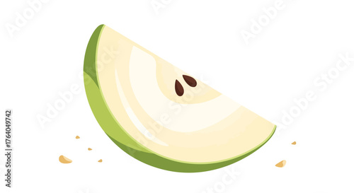 A fresh green apple slice with seeds isolated on a white background.