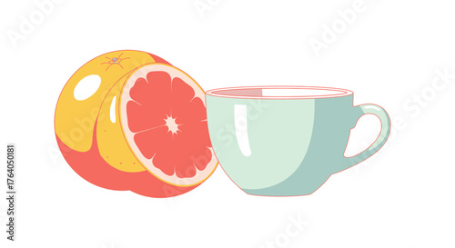 A fresh halved grapefruit next to a light green teacup illustration.