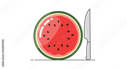 A Fresh Slice of Watermelon with a Knife Ready to Cut.