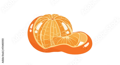 A peeled orange with a segment detached showing juicy texture.