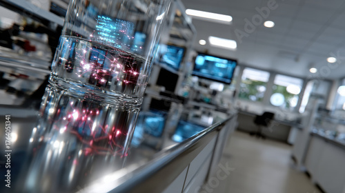 Wallpaper Mural A glass beaker reflecting radiant digital energy in a high-tech lab setting, conveying the fusion of science and futuristic imagination within modern experimentation. Torontodigital.ca