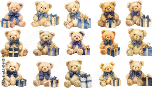Watercolor Teddy Bears with Gifts Clipart