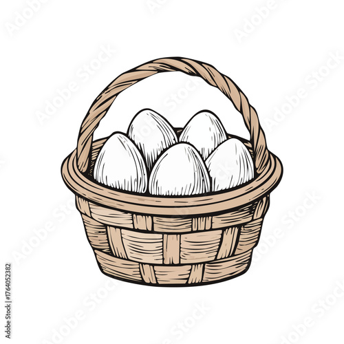 Hand drawn vintage style illustration of a wicker basket filled with eggs