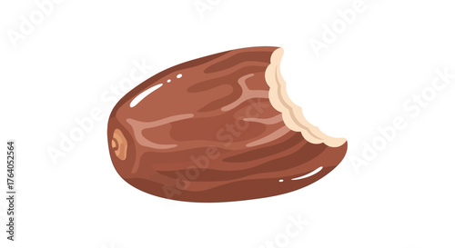 A single brown date fruit with a bite taken out of it.