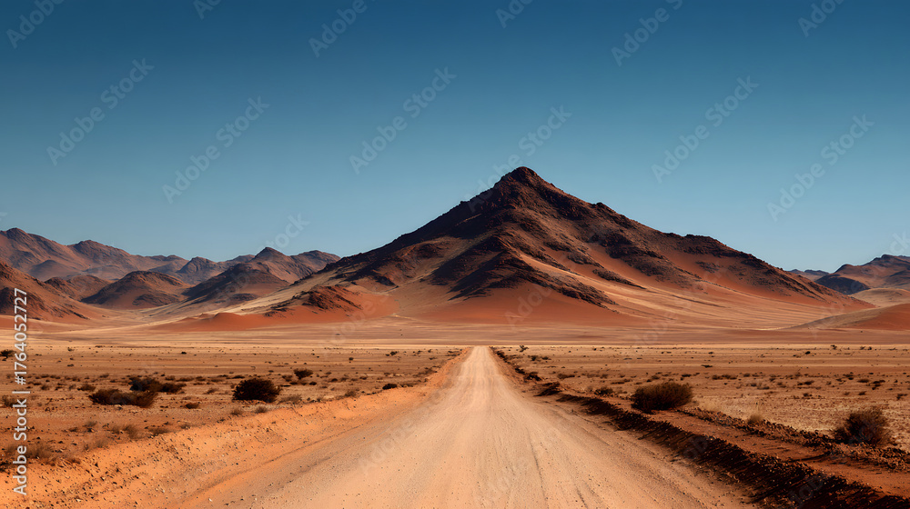 Fototapeta premium Desert Road Leading to a Majestic Mountain Under a Clear Sky