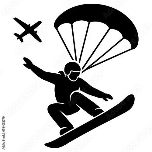 Skydiver snowboarding mid-air black and white vector illustration