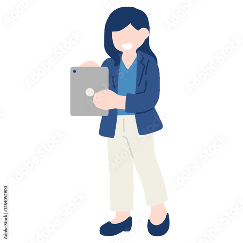 タブレットを操作するビジネスパーソン[女性]のフラットなイラスト
