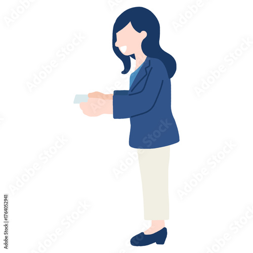 名刺を渡すビジネスパーソン[女性]のフラットなイラスト

