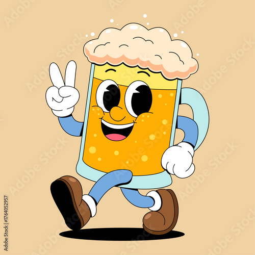 Cheerful Retro Beer Mug Character Walking