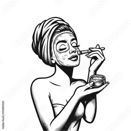 Woman Applying Face Mask – Retro Beauty Spa Illustration