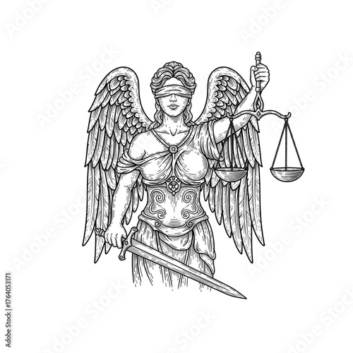 Lady Justice with Wings – Symbol of Law and Balance Engraving