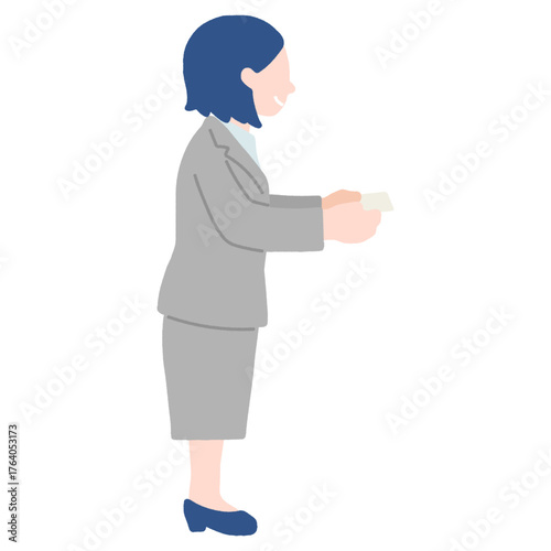 名刺を渡すビジネスパーソン[女性]のフラットなイラスト

