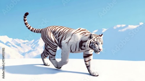 Tiger statue covered in snow on a mountain, fantasy winter atmosphere.