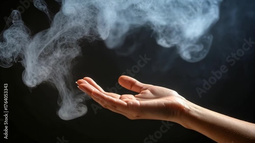 Outstretched hand (faceless) touching white mist, concept of spiritual, mystery, or dream.