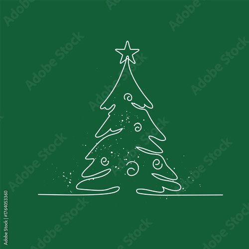One line continuous drawing christmas tree vector art, minimalist green holiday design.