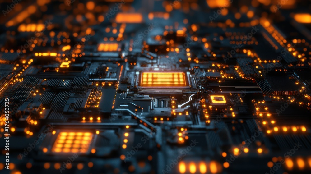 Obraz premium Circuit board, glowing processor, technology, detailed close-up